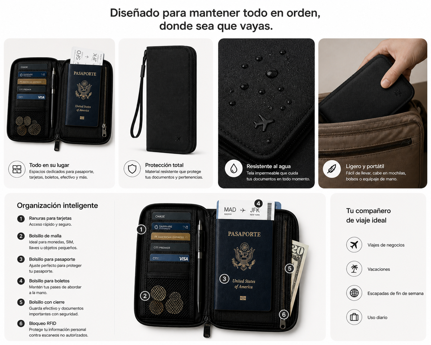 Porta pasaporte y cartera de viaje RFID - Imagen 3