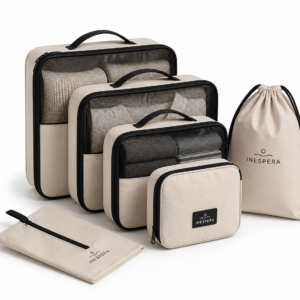 Set organizador de maletas Inespera en color beige con cremalleras negras, compuesto por bolsas de viaje de diferentes tamaños, compartimentos de malla visibles, bolsa con cordón y neceser plano, diseñado para ordenar ropa, accesorios y objetos personales dentro del equipaje
